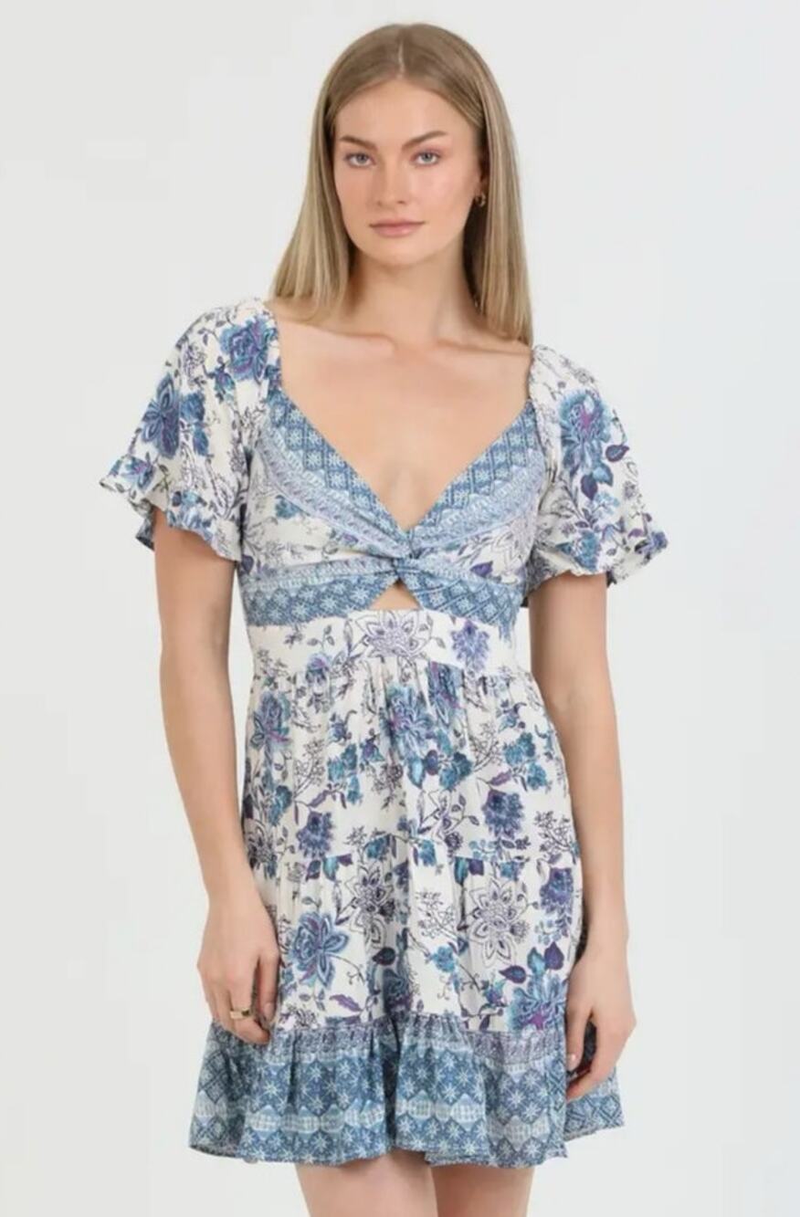 Angie Floral Boho Mini Dress S Blue White Rayon Smocked Waist Flutter Sleeve‎
